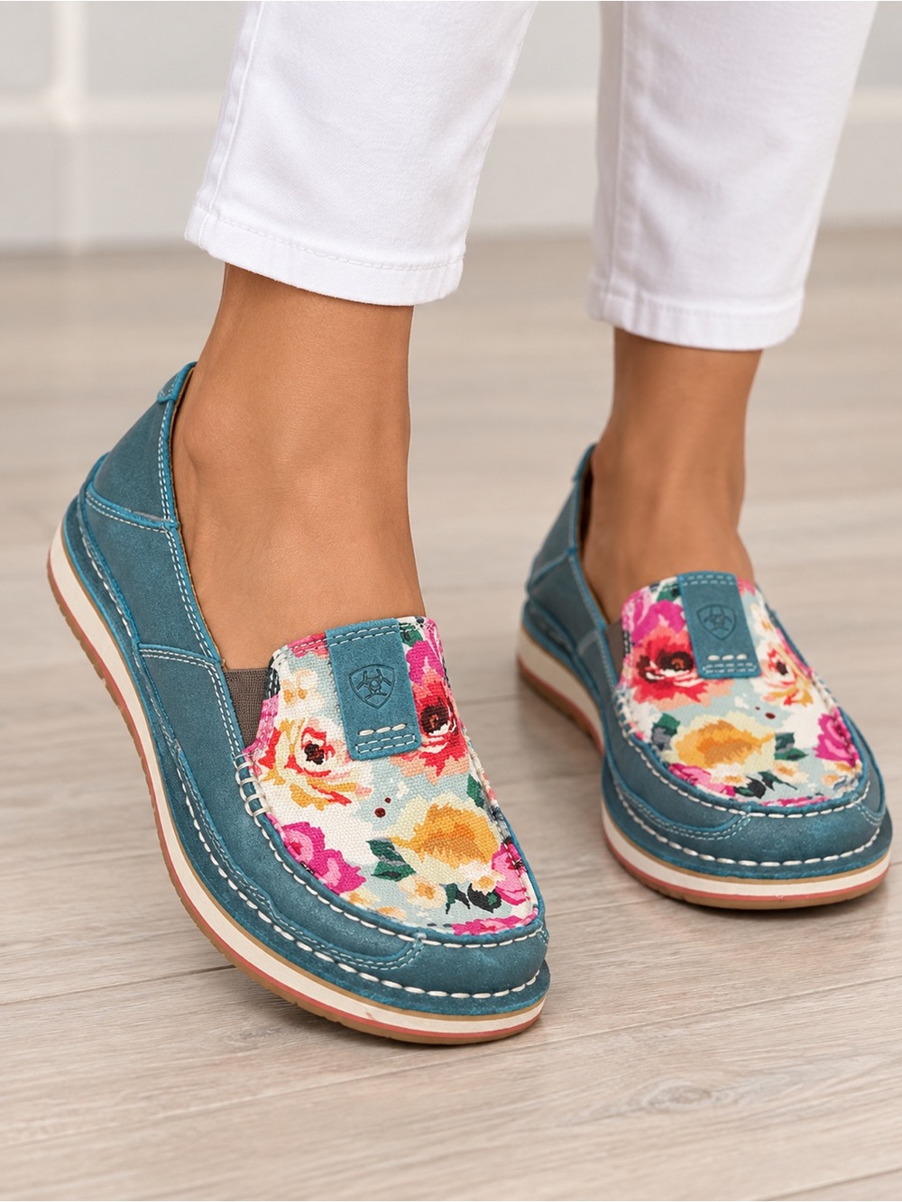 Ariat Cruiser slip on shoe flat loafer pool blue floral pink yellow canvas 8 MED